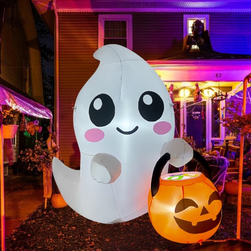GOOSH 5FT Inflatable Cute Ghost with Pumpkin Bucket – Light-Up Halloween Yard Decoration