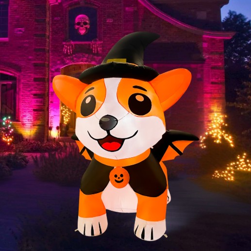 GOOSH 5.2FT Inflatable Halloween Dog with Witch Hat and Cape – Light-Up Yard Decoration
