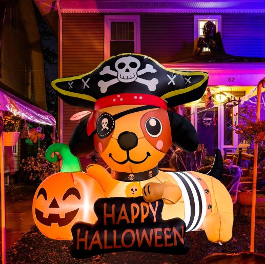 GOOSH 5FT Inflatable Pirate Dog with Pumpkin – Light-Up Happy Halloween Yard Decoration
