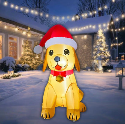 GOOSH 5.2FT Christmas Golden Puppy Inflatable with Santa Hat and LED Lights