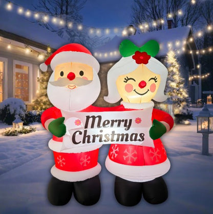 GOOSH 7FT Santa and Mrs. Claus Christmas Inflatable Holding “Happy Holidays” Sign with LED Lights
