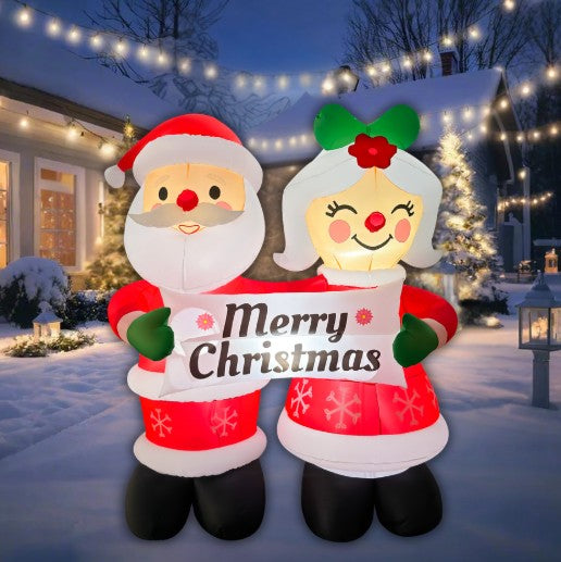 GOOSH 7FT Santa and Mrs. Claus Christmas Inflatable Holding “Happy Holidays” Sign with LED Lights