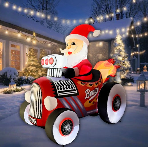 GOOSH 8FT Santa in Hot Rod Inflatable with LED Lights for Outdoor Chri