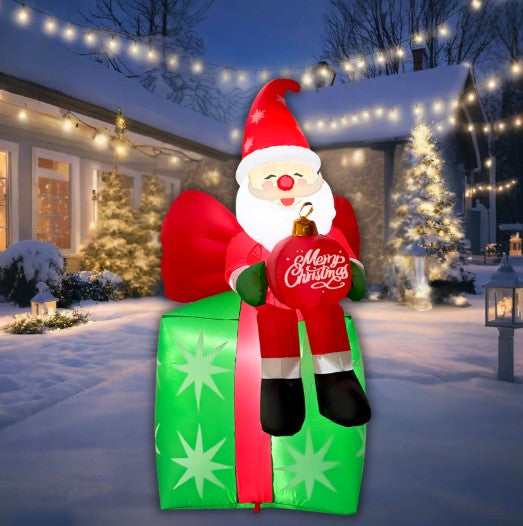 GOOSH 6FT Santa on Gift Box Inflatable with LED Lights for Outdoor Christmas Décor