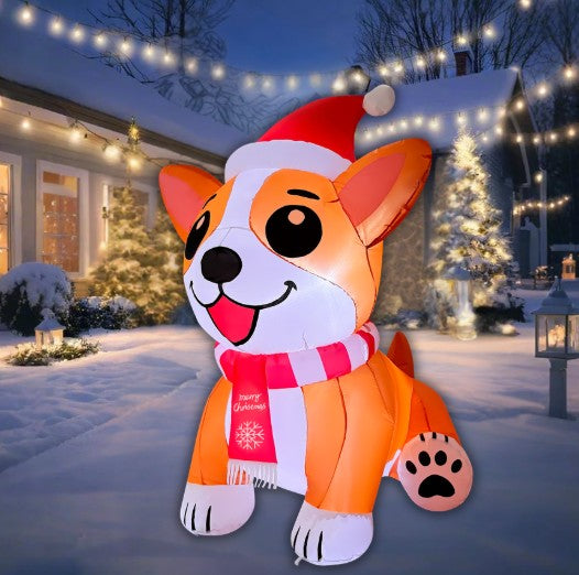 GOOSH 5.2FT Christmas Corgi Dog Inflatable with Santa Hat and LED Lights