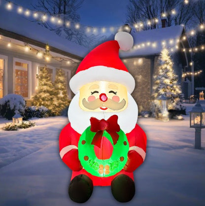 GOOSH 5.2FT Santa Holding Wreath Inflatable with LED Lights for Outdoor Christmas Décor