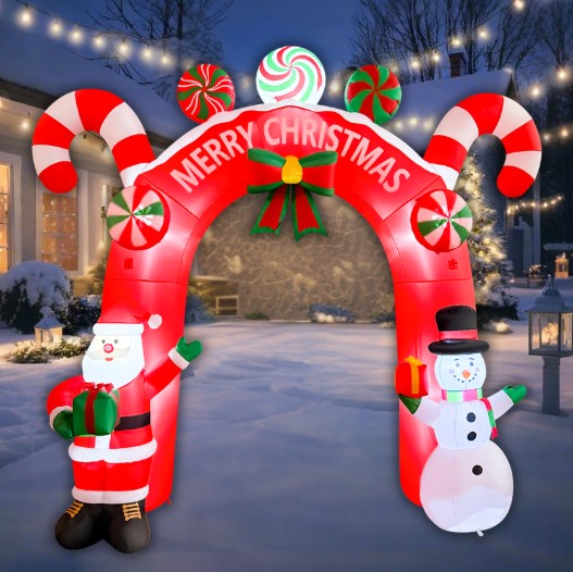 GOOSH 11FT Animated Candy Christmas Arch Inflatable with Santa & Snowman