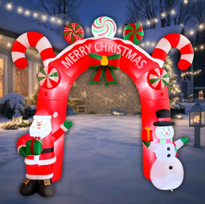 GOOSH 11FT Animated Candy Christmas Arch Inflatable with Santa & Snowman