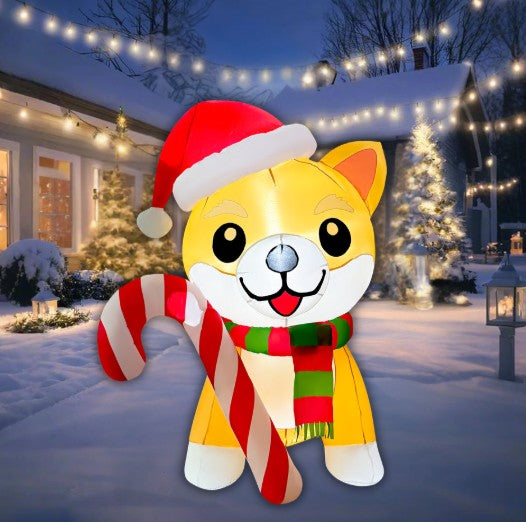 GOOSH 5.2FT Christmas Dog Inflatable with Candy Cane, Santa Hat, and LED Lights