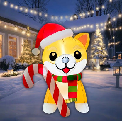 GOOSH 5.2FT Christmas Dog Inflatable with Candy Cane, Santa Hat, and LED Lights