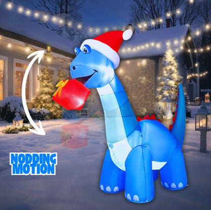 GOOSH 10FT Animated Blue Dinosaur Inflatable with Nodding Head and LED Lights