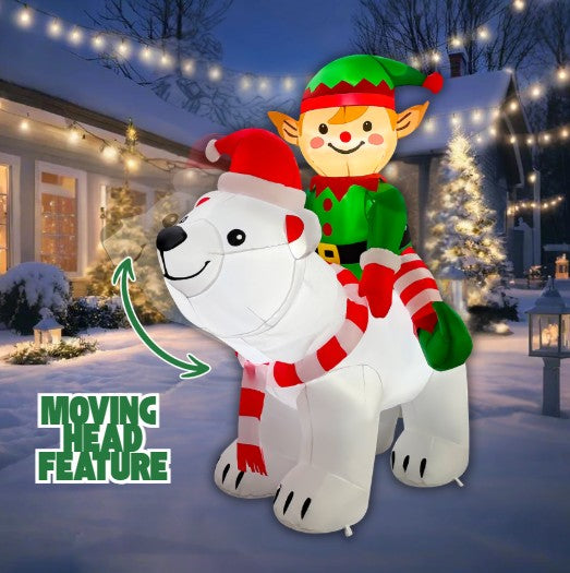 GOOSH 6FT Animated Elf Riding Polar Bear Inflatable Outdoor Christmas Yard Decoration