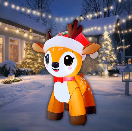 GOOSH 5FT Christmas Reindeer Inflatable with Santa Hat Outdoor Yard Decoration