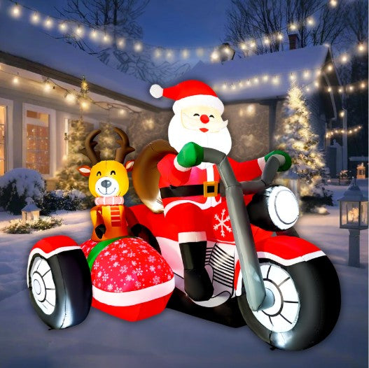 GOOSH 6.5FT Santa Motorcycle Inflatable with Reindeer Outdoor Christmas Yard Decoration