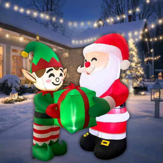 GOOSH 5FT Santa and Elf Inflatable with Gift Outdoor Christmas Yard Decoration