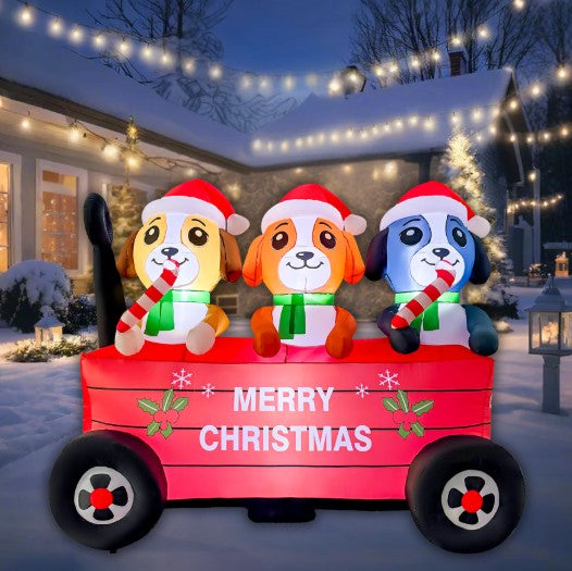 GOOSH 6.5FT Christmas Puppy Trio Wagon Inflatable Outdoor Yard Decoration