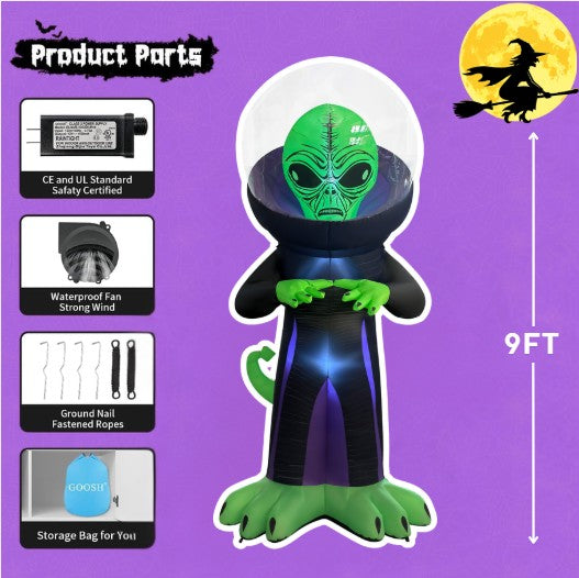GOOSH 9FT Inflatable Alien with Space Helmet – Light-Up Halloween Yard Decoration