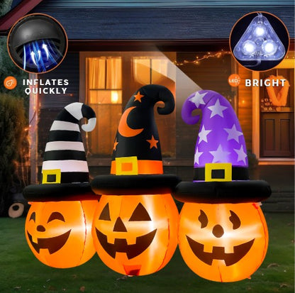 GOOSH 6FT Inflatable Trio of Pumpkins with Witch Hats – Light-Up Halloween Yard Decoration