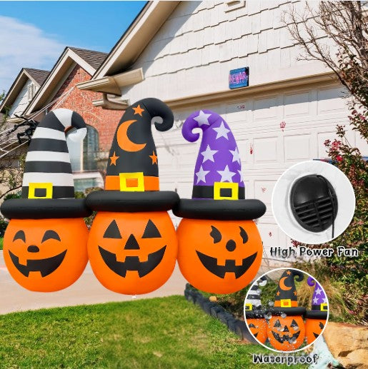 GOOSH 6FT Inflatable Trio of Pumpkins with Witch Hats – Light-Up Halloween Yard Decoration