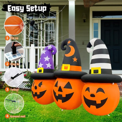 GOOSH 6FT Inflatable Trio of Pumpkins with Witch Hats – Light-Up Halloween Yard Decoration