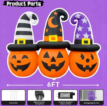 GOOSH 6FT Inflatable Trio of Pumpkins with Witch Hats – Light-Up Halloween Yard Decoration