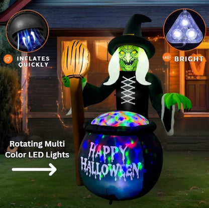 GOOSH 6.5FT Inflatable Witch with Cauldron – Light-Up Happy Halloween Yard Decoration
