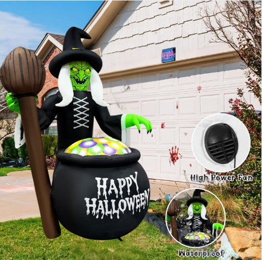 GOOSH 6.5FT Inflatable Witch with Cauldron – Light-Up Happy Halloween Yard Decoration
