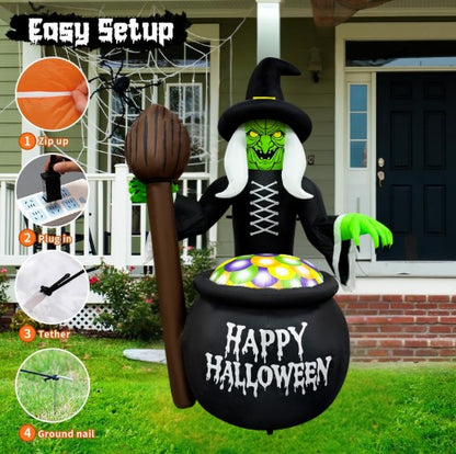 GOOSH 6.5FT Inflatable Witch with Cauldron – Light-Up Happy Halloween Yard Decoration