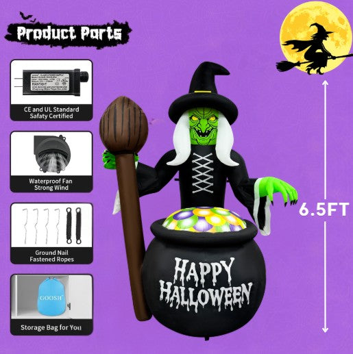 GOOSH 6.5FT Inflatable Witch with Cauldron – Light-Up Happy Halloween Yard Decoration