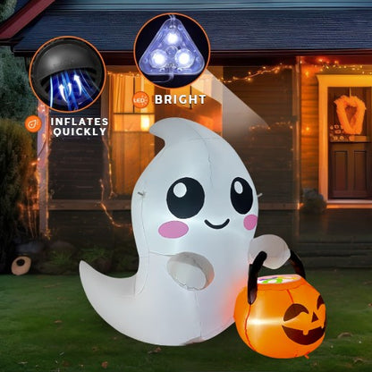 GOOSH 5FT Inflatable Cute Ghost with Pumpkin Bucket – Light-Up Halloween Yard Decoration