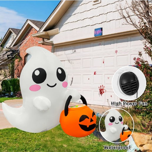 GOOSH 5FT Inflatable Cute Ghost with Pumpkin Bucket – Light-Up Halloween Yard Decoration