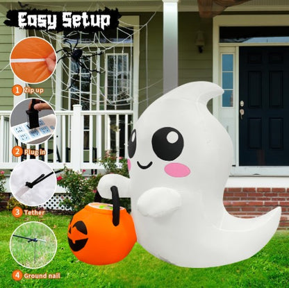 GOOSH 5FT Inflatable Cute Ghost with Pumpkin Bucket – Light-Up Halloween Yard Decoration