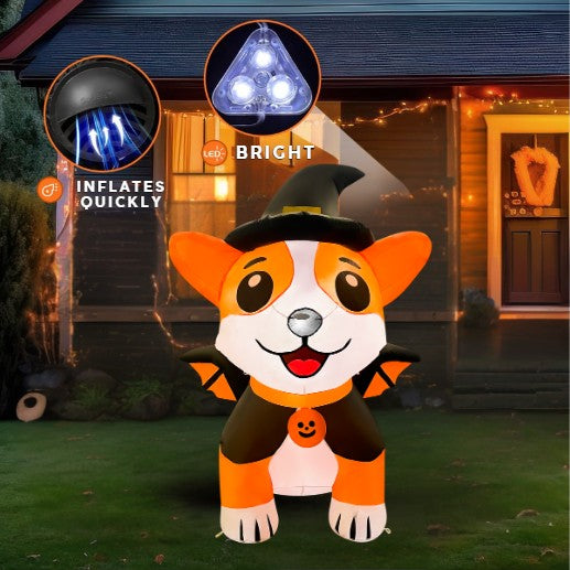 GOOSH 5.2FT Inflatable Halloween Dog with Witch Hat and Cape – Light-Up Yard Decoration