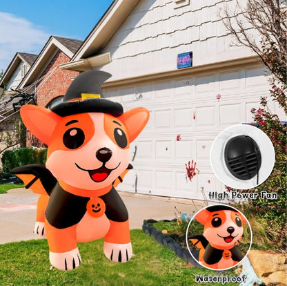 GOOSH 5.2FT Inflatable Halloween Dog with Witch Hat and Cape – Light-Up Yard Decoration