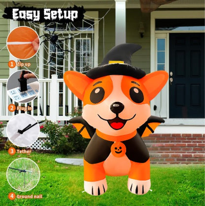 GOOSH 5.2FT Inflatable Halloween Dog with Witch Hat and Cape – Light-Up Yard Decoration
