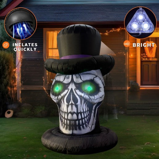 GOOSH 6FT Inflatable Skull with Top Hat – Light-Up Halloween Yard Decoration