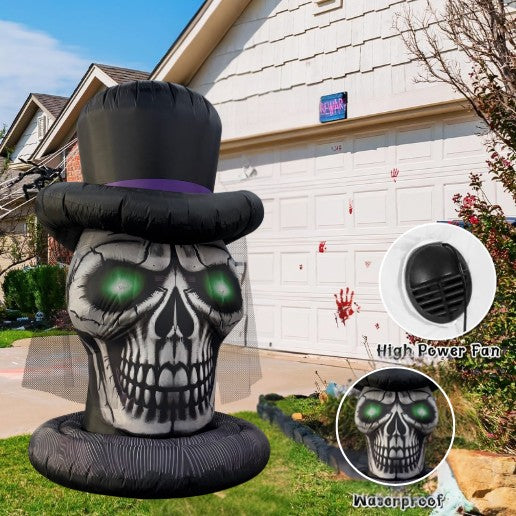 GOOSH 6FT Inflatable Skull with Top Hat – Light-Up Halloween Yard Decoration