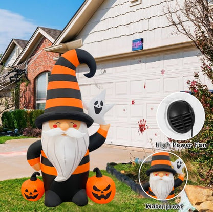 GOOSH 5FT Inflatable Halloween Gnome with Pumpkins and Ghost – Light-Up Yard Decoration