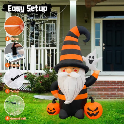 GOOSH 5FT Inflatable Halloween Gnome with Pumpkins and Ghost – Light-Up Yard Decoration