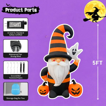 GOOSH 5FT Inflatable Halloween Gnome with Pumpkins and Ghost – Light-Up Yard Decoration