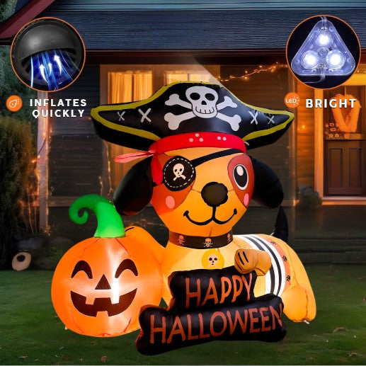 GOOSH 5FT Inflatable Pirate Dog with Pumpkin – Light-Up Happy Halloween Yard Decoration
