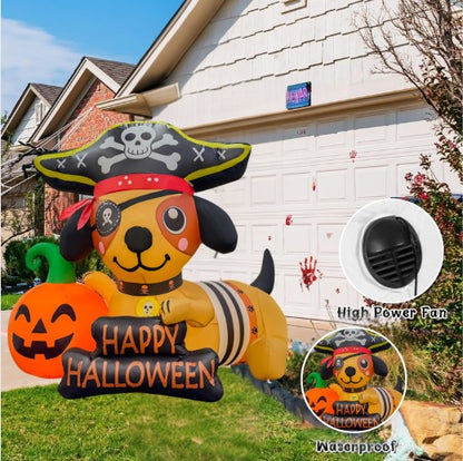 GOOSH 5FT Inflatable Pirate Dog with Pumpkin – Light-Up Happy Halloween Yard Decoration