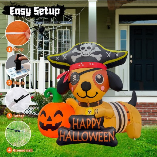 GOOSH 5FT Inflatable Pirate Dog with Pumpkin – Light-Up Happy Halloween Yard Decoration