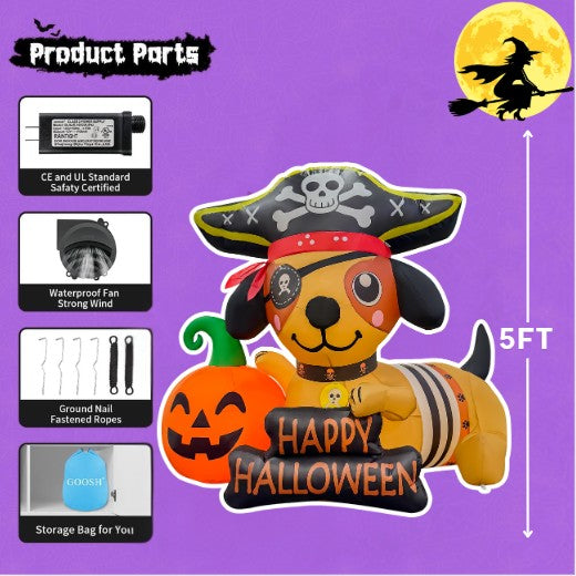 GOOSH 5FT Inflatable Pirate Dog with Pumpkin – Light-Up Happy Halloween Yard Decoration