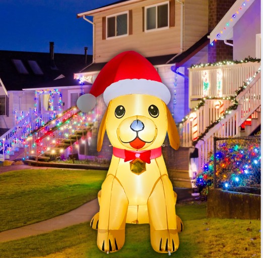 GOOSH 5.2FT Christmas Golden Puppy Inflatable with Santa Hat and LED Lights