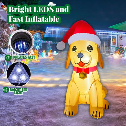 GOOSH 5.2FT Christmas Golden Puppy Inflatable with Santa Hat and LED Lights