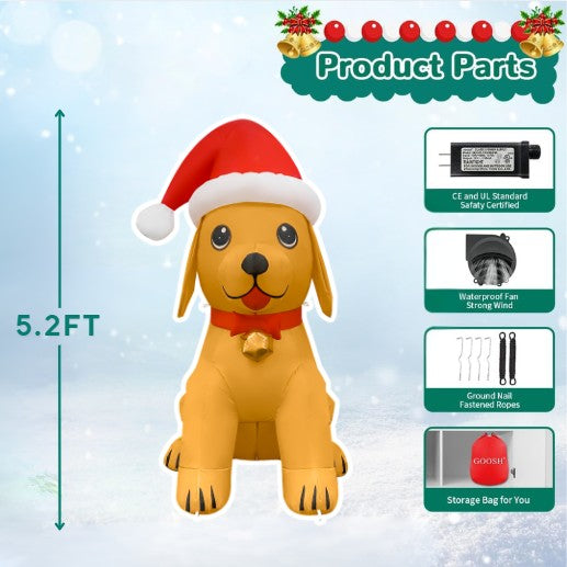 GOOSH 5.2FT Christmas Golden Puppy Inflatable with Santa Hat and LED Lights
