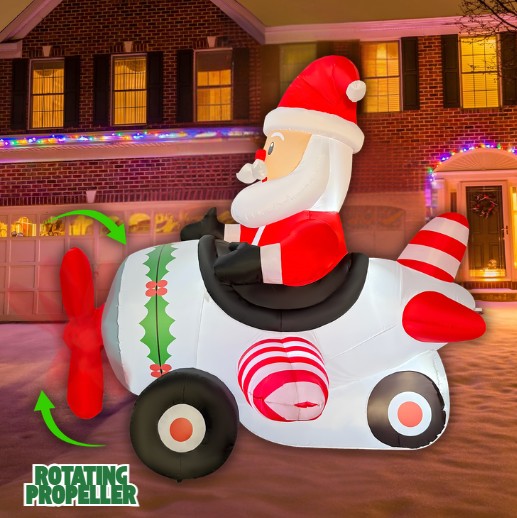 GOOSH 8.2FT Animated Santa Airplane Christmas Inflatable with Rotating Propeller and LED Lights
