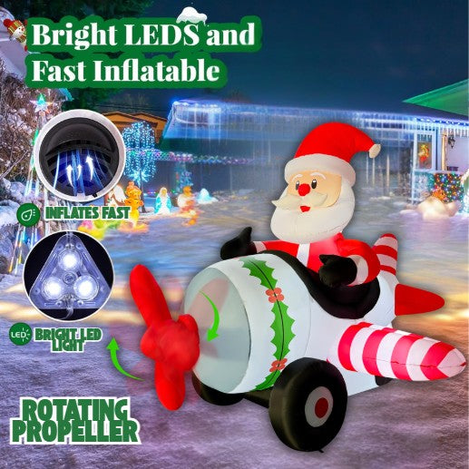 GOOSH 8.2FT Animated Santa Airplane Christmas Inflatable with Rotating Propeller and LED Lights