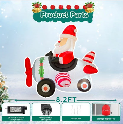 GOOSH 8.2FT Animated Santa Airplane Christmas Inflatable with Rotating Propeller and LED Lights
